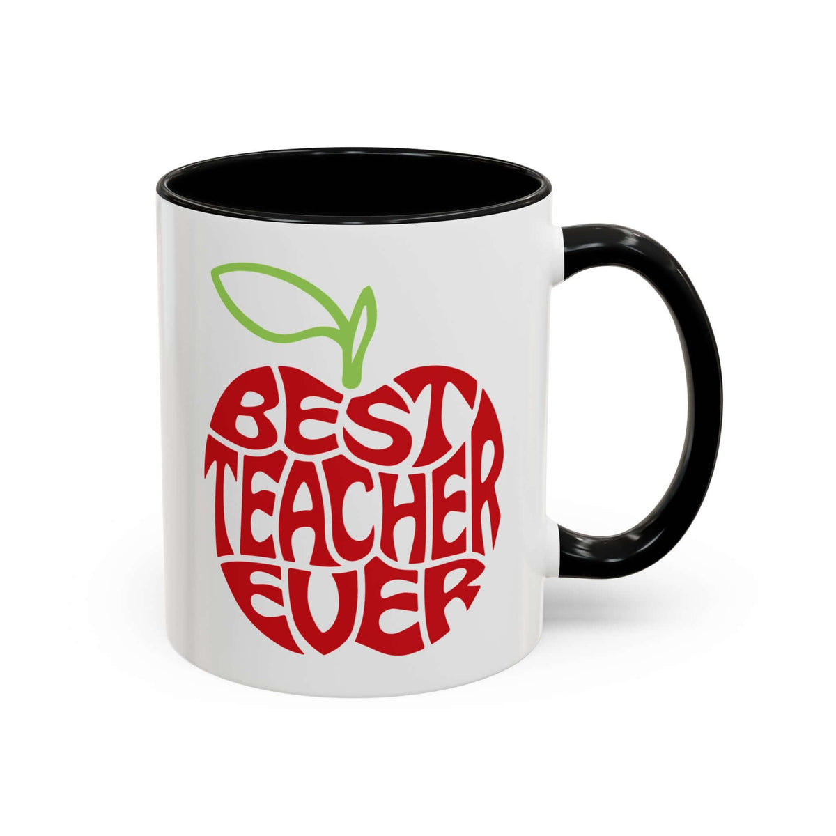 Best Teacher Ever Mug with red apple graphic and black handle, perfect for showing appreciation to educators.