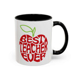 Best Teacher Ever Mug with red apple graphic and black handle, perfect for showing appreciation to educators.