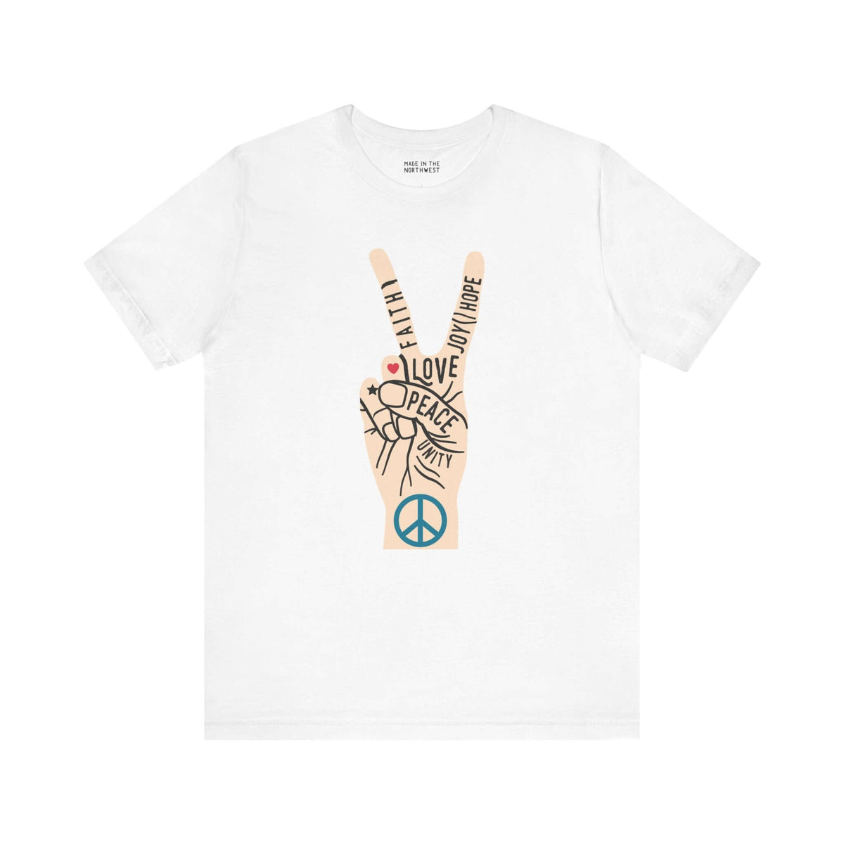 Power in Peace Premium Soft Tee featuring a hand peace sign with words of love, hope, faith, and unity.