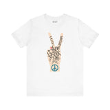 Power in Peace Premium Soft Tee featuring a hand peace sign with words of love, hope, faith, and unity.