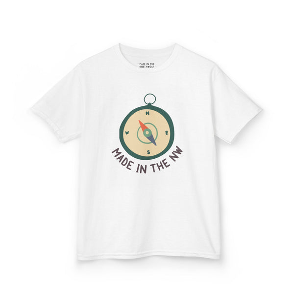 White kids tee featuring a compass design with the phrase 'Made in the NW' for Pacific Northwest pride.