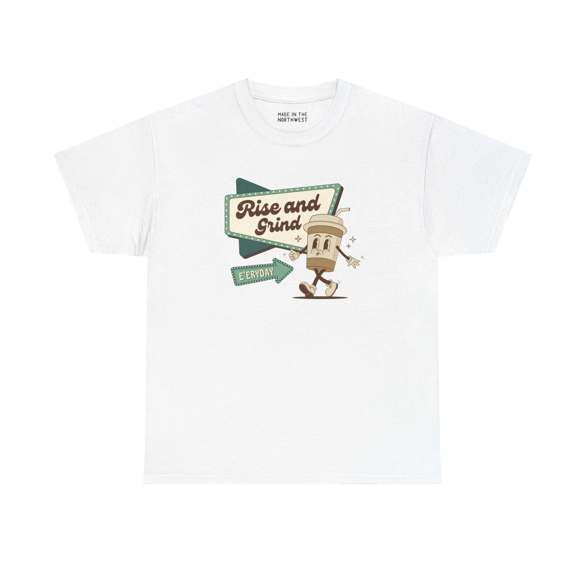 Rise and Grind E'eryday coffee athletic tee featuring a playful coffee cup design.