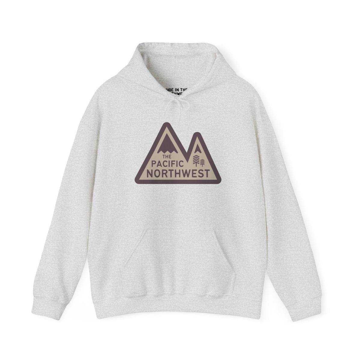 Pacific Northwest Heights hoodie in gray featuring mountain graphic and text for outdoor adventures.