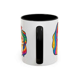 Pride Lesbian Couple Mug featuring colorful female figures with rainbow hair on a glossy white surface.