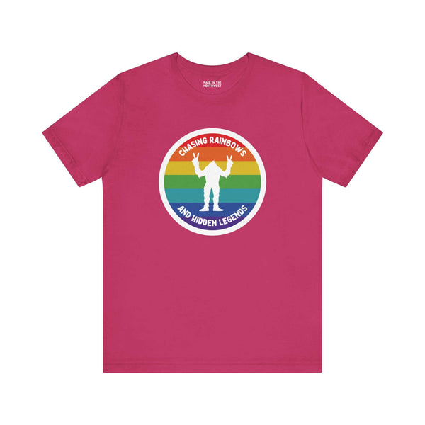 Chasing Rainbows Sasquatch Soft Tee Celebrate your roots with a splash of color and a touch of mystery in our "Hometown Pride" tee. Featuring a vibrant rainbow circle and a playful Sasquatch graphic, this shirt embodies the unique and spirited vibe of the