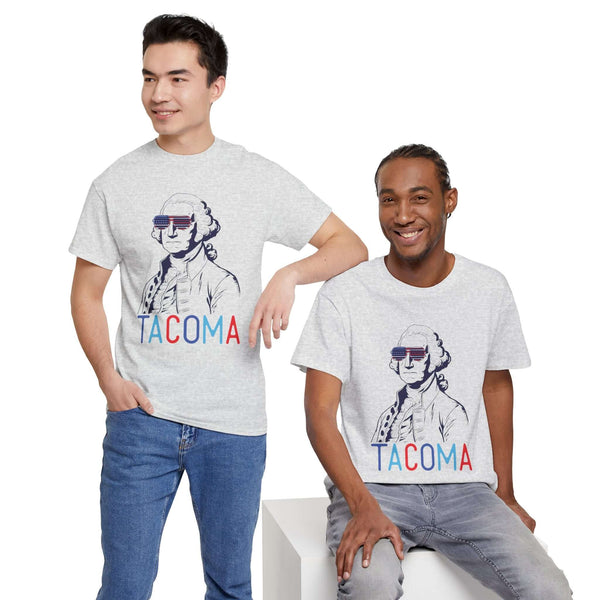 Two men wearing Tacoma patriotic George Washington tees with USA sunglasses, showcasing hometown pride and style.