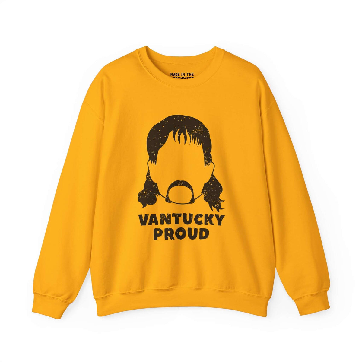 Yellow "Vantucky Proud" sweatshirt featuring Rusty McCoy design, symbolizing resilience and pride in Vantucky spirit.