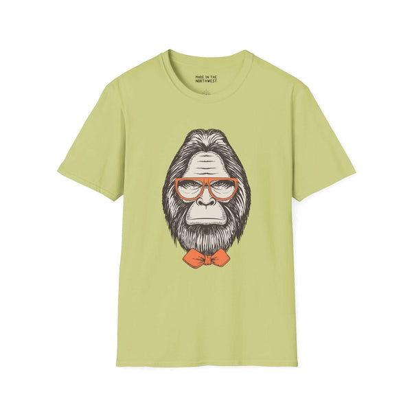Gentleman of the Woods Bigfoot Softstyle T-Shirt featuring a sophisticated Sasquatch with glasses and a bowtie.