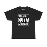 Straight Outta Spokane black athletic tee with bold white text, showcasing city pride in a classic streetwear style.