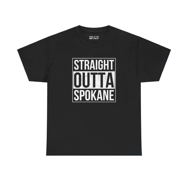 Straight Outta Spokane black athletic tee with bold white text, showcasing city pride in a classic streetwear style.