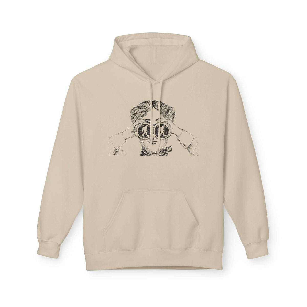 I spy Bigfoot hoodie featuring an explorer with binoculars on a beige background.