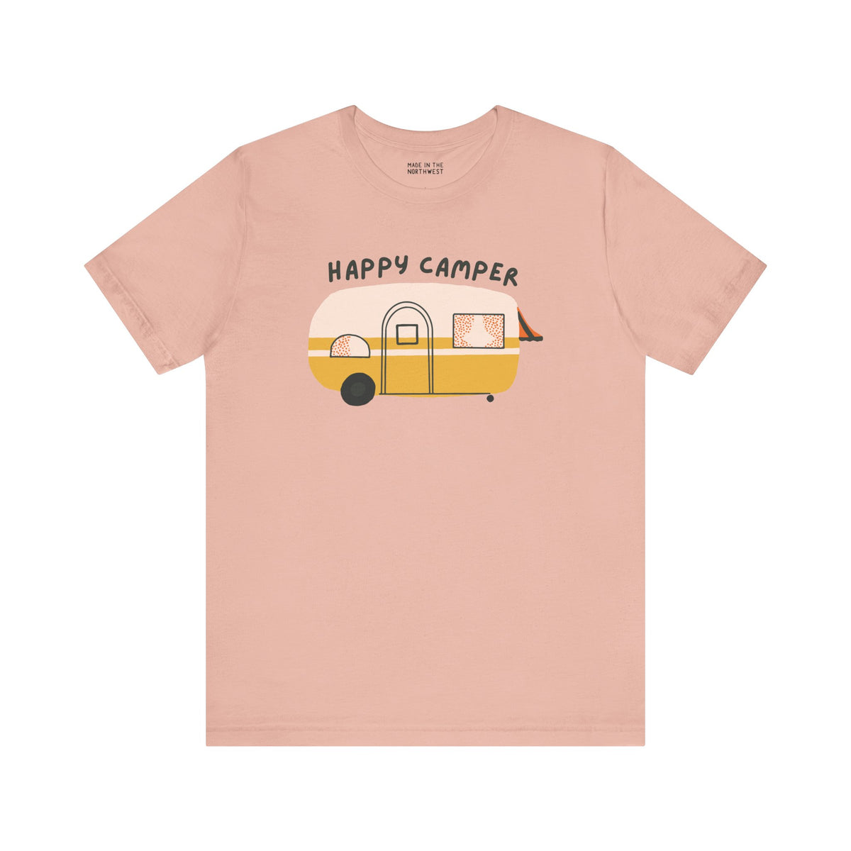 Happy Camper Adventure Premium Soft Tee with vintage camper design for outdoor lovers and road trip enthusiasts.