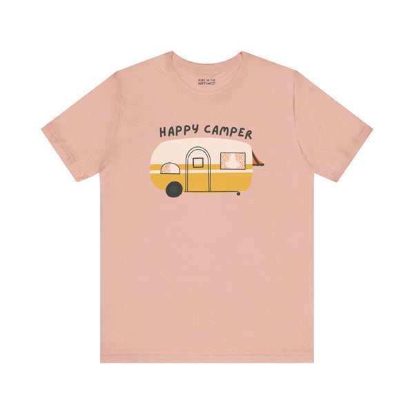 Happy Camper Adventure Premium Soft Tee with vintage camper design for outdoor lovers and road trip enthusiasts.