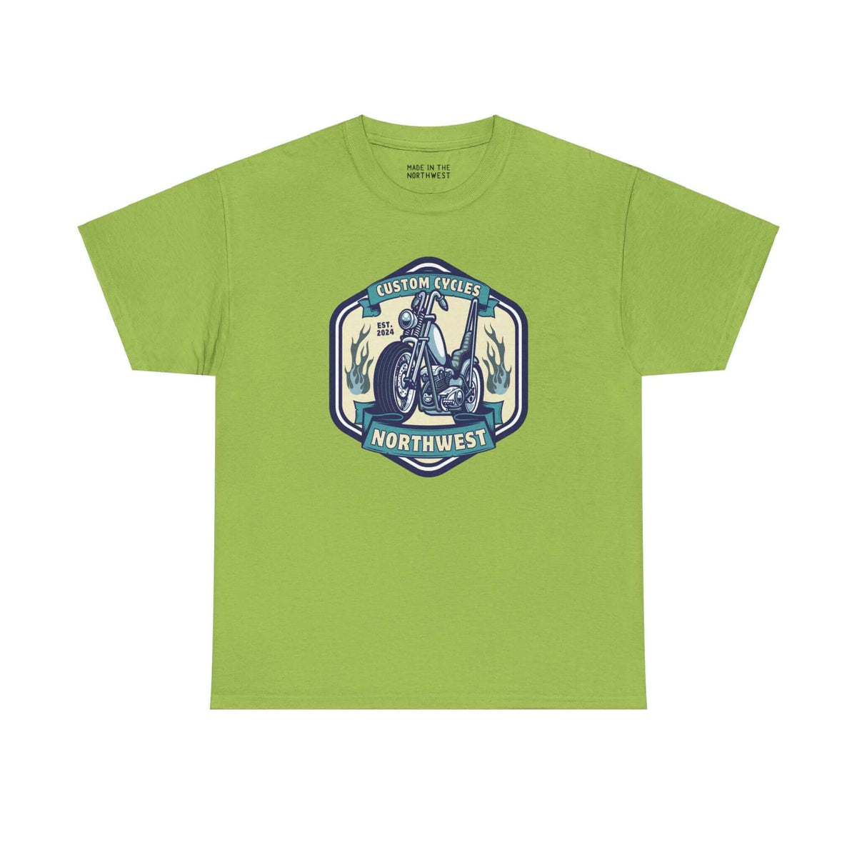 "Custom Cycles Northwest athletic tee in green with motorcycle graphic, perfect for motorcycle enthusiasts, unisex fit, cotton material"