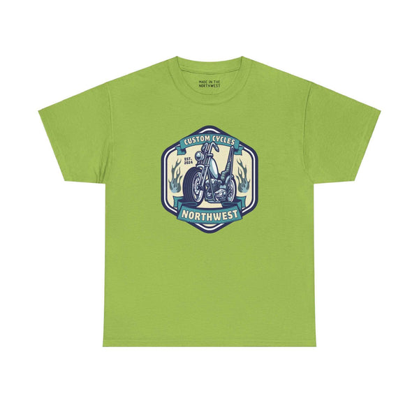 "Custom Cycles Northwest athletic tee in green with motorcycle graphic, perfect for motorcycle enthusiasts, unisex fit, cotton material"