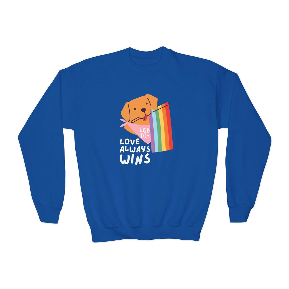 Love Always Wins blue sweatshirt featuring a dog with a rainbow flag, celebrating LGBTQ+ pride and inclusivity.