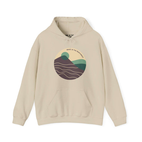 Pacific Peaks Modern Circle Hoodie with sleek mountain design in soft colorway, ideal for Pacific Northwest style enthusiasts.