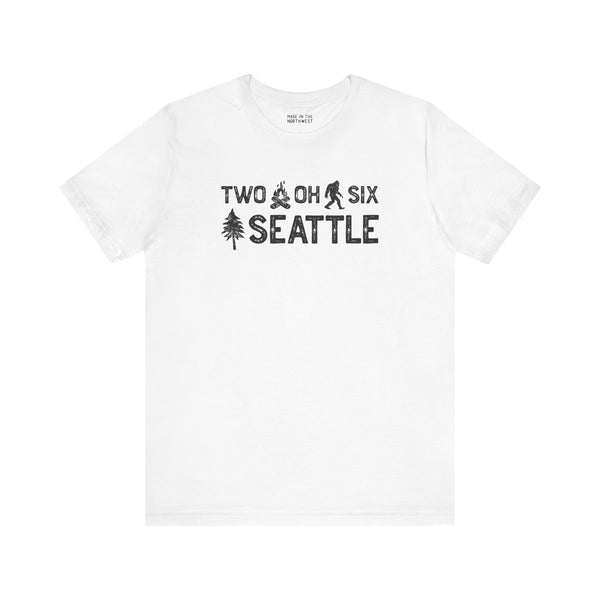 Two Oh Six Roots Premium Soft Tee with Seattle area code design featuring axe and tree graphics.