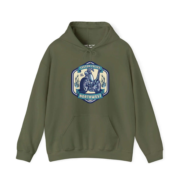 Olive green hoodie with 'Custom Cycles Northwest' motorcycle graphic, perfect for motorcycle enthusiasts seeking comfort and style.