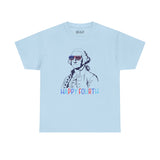 Light blue Fourth of July tee featuring George Washington with USA sunglasses and 'Happy Fourth' text.