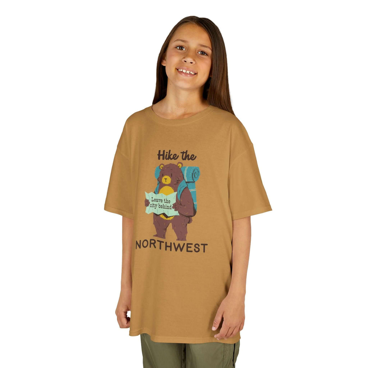 Hike the Northwest kids t shirt featuring a bear with a backpack, ideal for outdoor adventures.