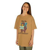 Hike the Northwest kids t shirt featuring a bear with a backpack, ideal for outdoor adventures.
