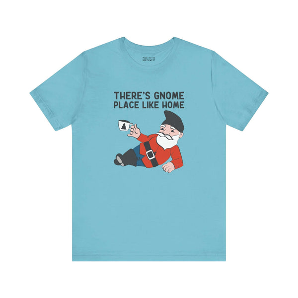 Blue tee with gnome graphic and text 'There's Gnome Place Like Home' on front, adding whimsical charm to any outfit.