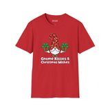 Gnome Kisses and Christmas Wishes T Shirt featuring a gnome and presents on a red background.