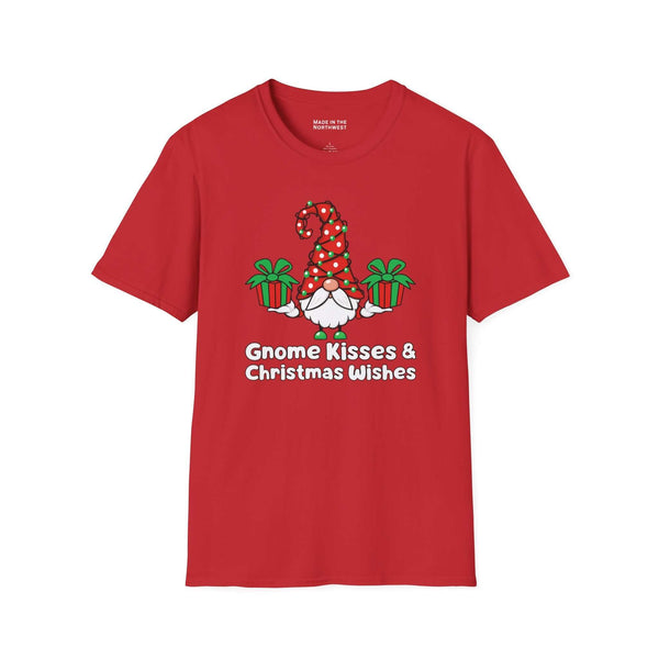 Gnome Kisses and Christmas Wishes T Shirt featuring a gnome and presents on a red background.