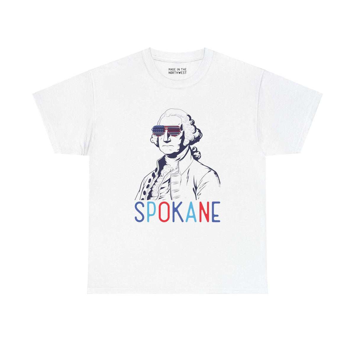 Patriotic Spokane tee featuring George Washington with USA sunglasses, perfect for July 4th celebrations and local pride.