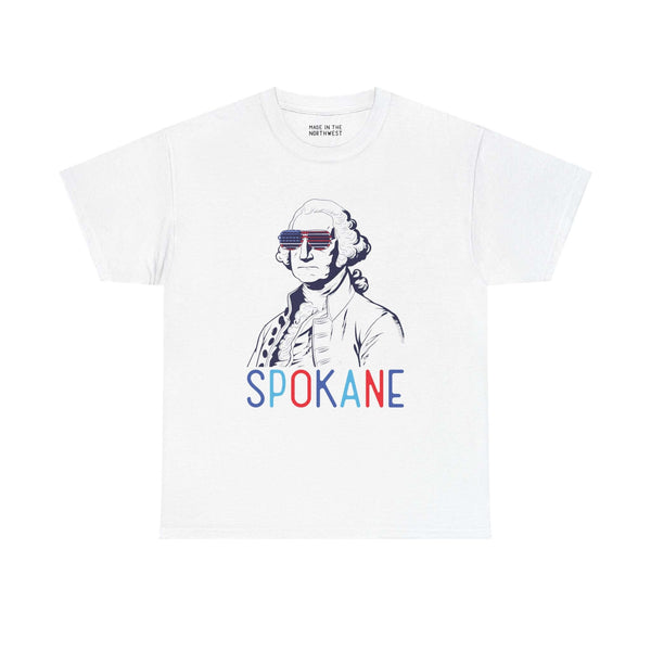 Patriotic Spokane tee featuring George Washington with USA sunglasses, perfect for July 4th celebrations and local pride.