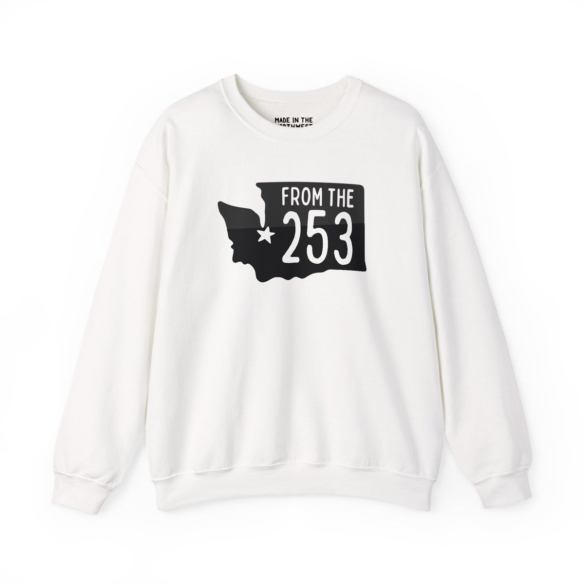 White sweatshirt featuring "From the 253" text and Washington state silhouette with Tacoma star.