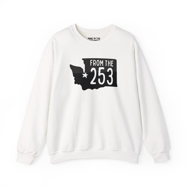 White sweatshirt featuring "From the 253" text and Washington state silhouette with Tacoma star.