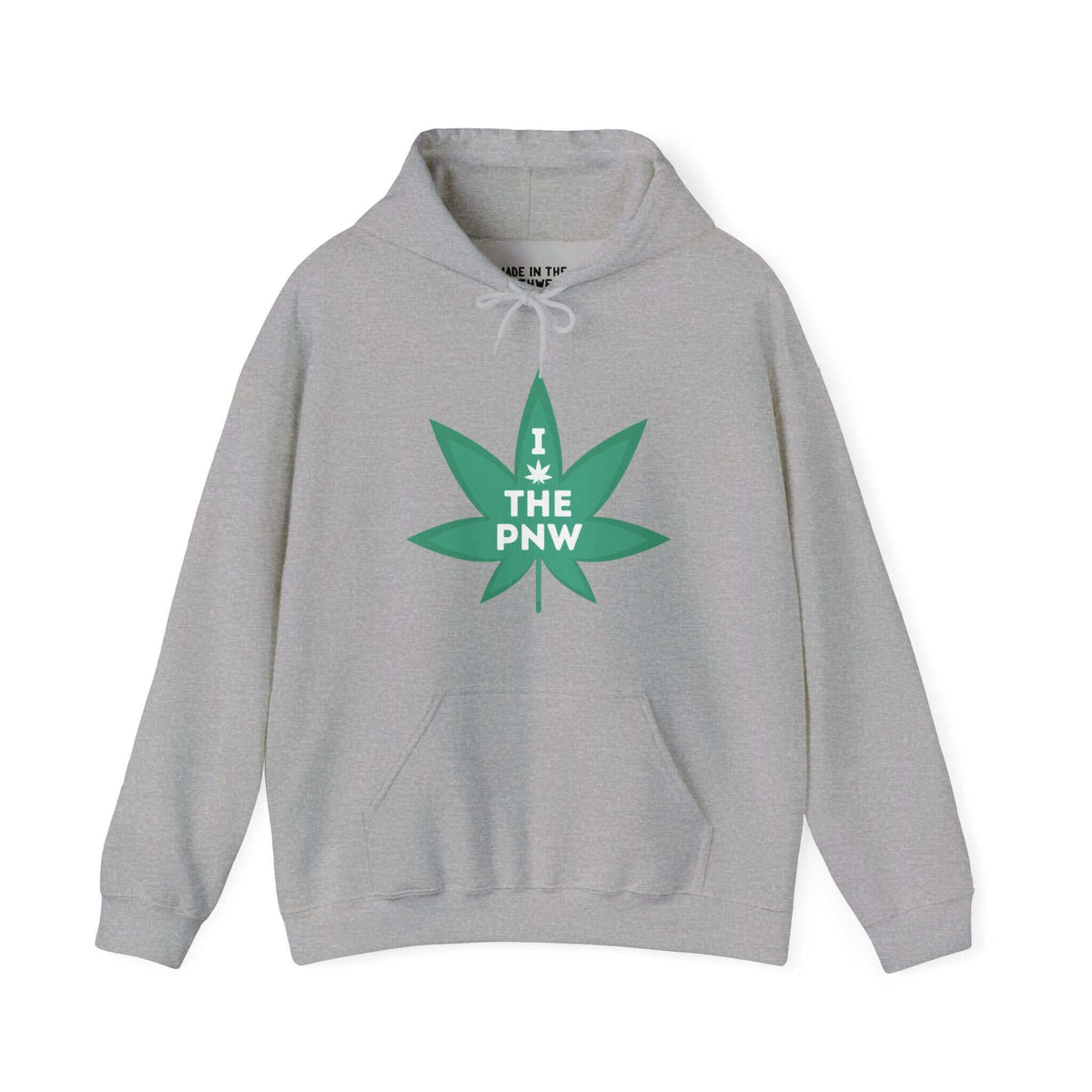 Gray hoodie with bold green marijuana leaf and "I the PNW" text, celebrating the Pacific Northwest lifestyle.