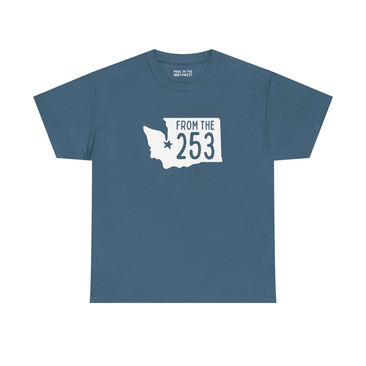 From the 253 Washington State Athletic Tee in teal, featuring the state shape and star on Tacoma.
