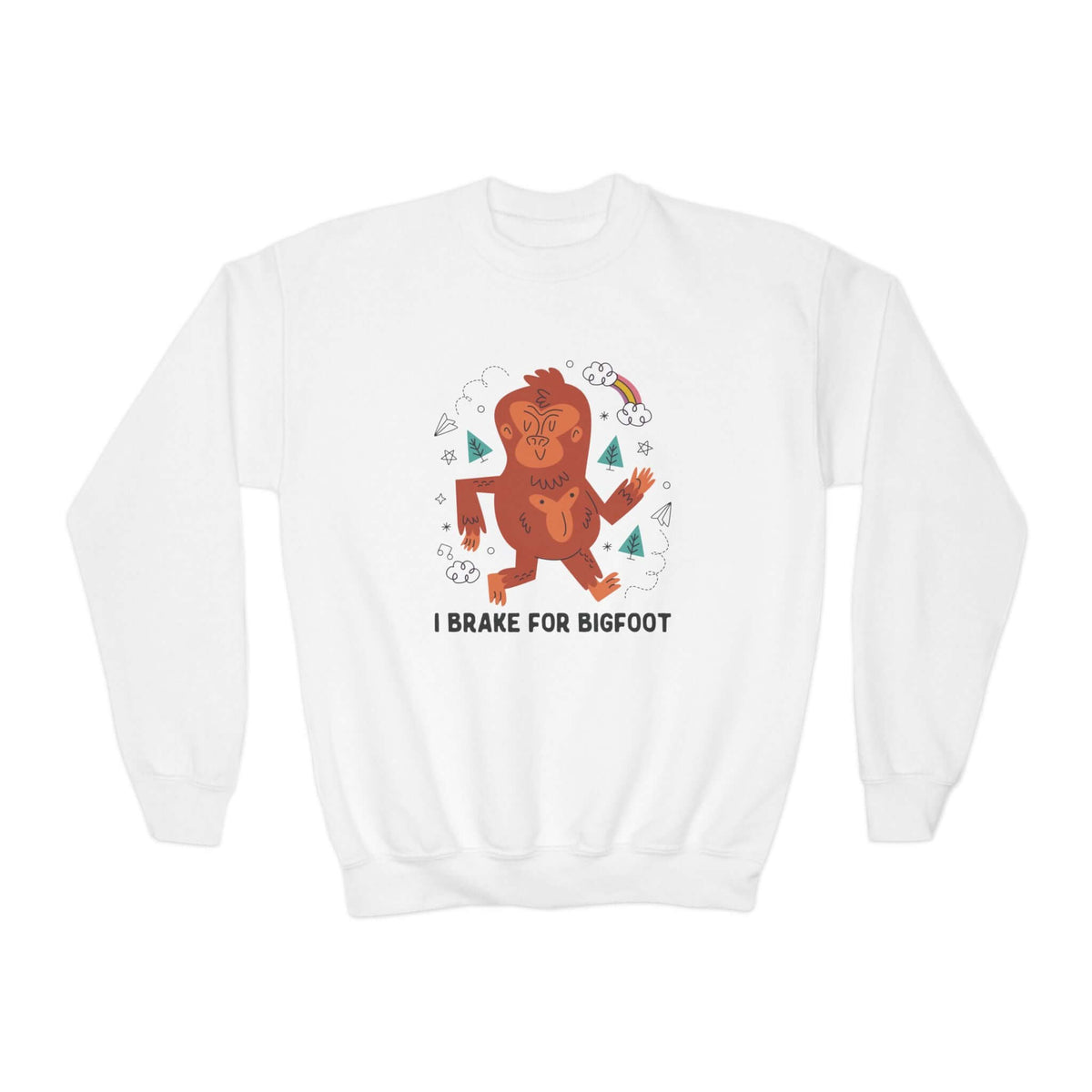 Kids "I Brake for Bigfoot" sweatshirt with fun Bigfoot graphic design, perfect for young adventurers and outdoor enthusiasts.