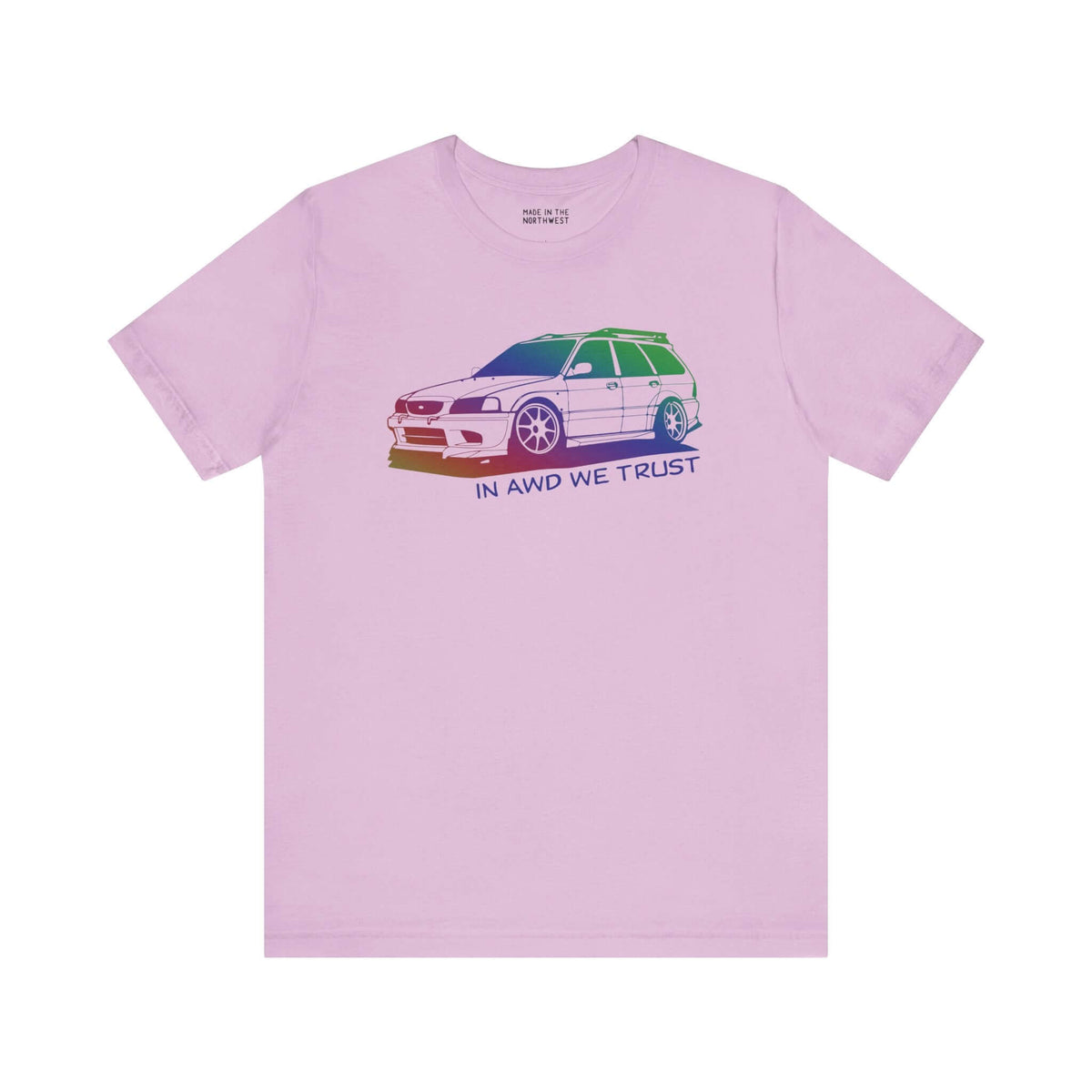 In AWD We Trust slammed Subaru WRX wagon graphic on a premium soft tee in pastel pink.