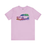 In AWD We Trust slammed Subaru WRX wagon graphic on a premium soft tee in pastel pink.