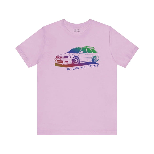 In AWD We Trust slammed Subaru WRX wagon graphic on a premium soft tee in pastel pink.