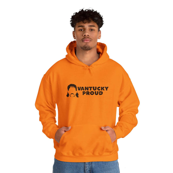 Model wearing orange Vantucky Proud hoodie featuring Rusty McCoy design, emphasizing resilience and local pride.