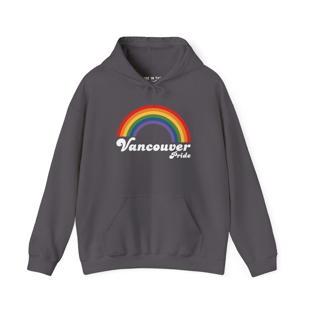 Vancouver Pride hoodie featuring a vibrant rainbow design, perfect for LGBTQ+ pride and self-expression.