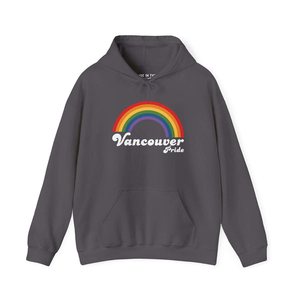 Vancouver Pride hoodie featuring a vibrant rainbow design, perfect for LGBTQ+ pride and self-expression.