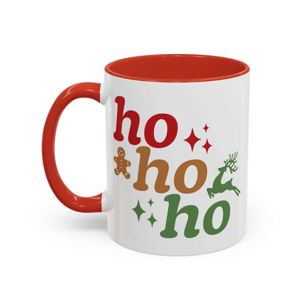Ho Ho Ho Mug featuring cheerful text, a gingerbread man, and a playful reindeer on a white ceramic body.