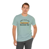 Man wearing a Keep Calm and Wagon On Premium Soft Tee featuring a classic '68 Chevelle wagon graphic.