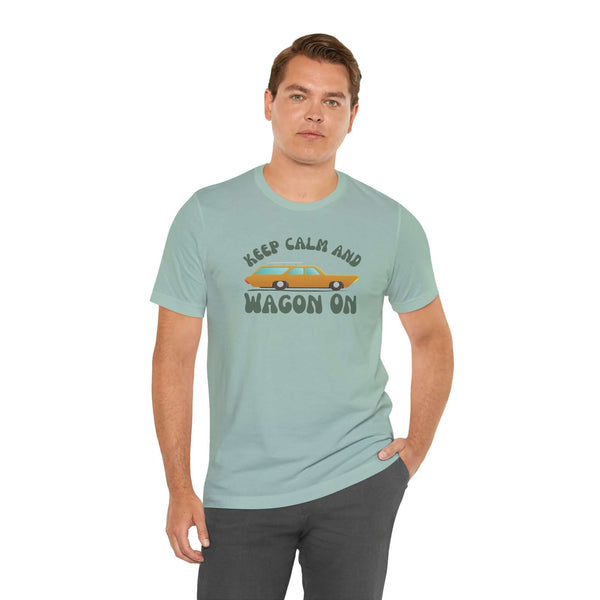 Man wearing a Keep Calm and Wagon On Premium Soft Tee featuring a classic '68 Chevelle wagon graphic.