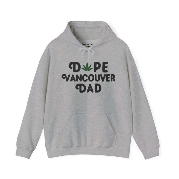 Gray "Dope Vancouver Dad" hoodie with marijuana leaf design on "O" showcasing unique style and local pride.