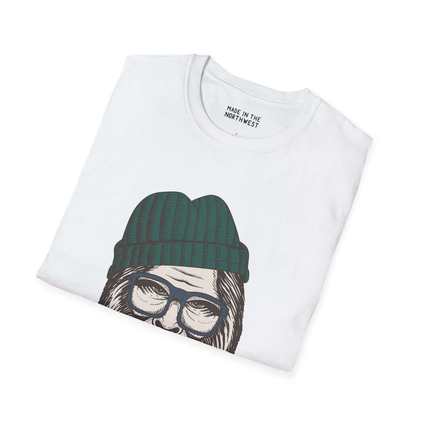 Folded Hipster Squatch t-shirt featuring Bigfoot with glasses and a beanie, perfect for trendy cryptid lovers.