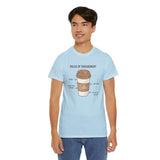 Man wearing a light blue Rules of Engagement: Coffee Edition athletic tee with coffee-themed design.