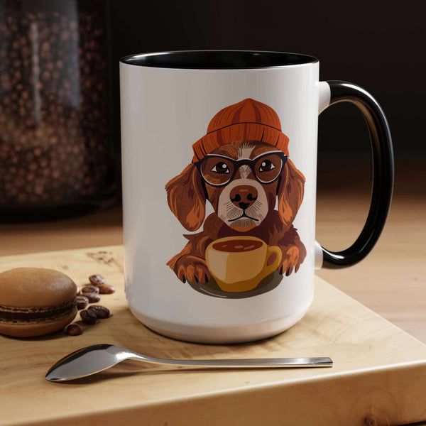 Hipster Dog Mug featuring a playful dog wearing glasses and a hat, perfect for coffee lovers and dog enthusiasts.