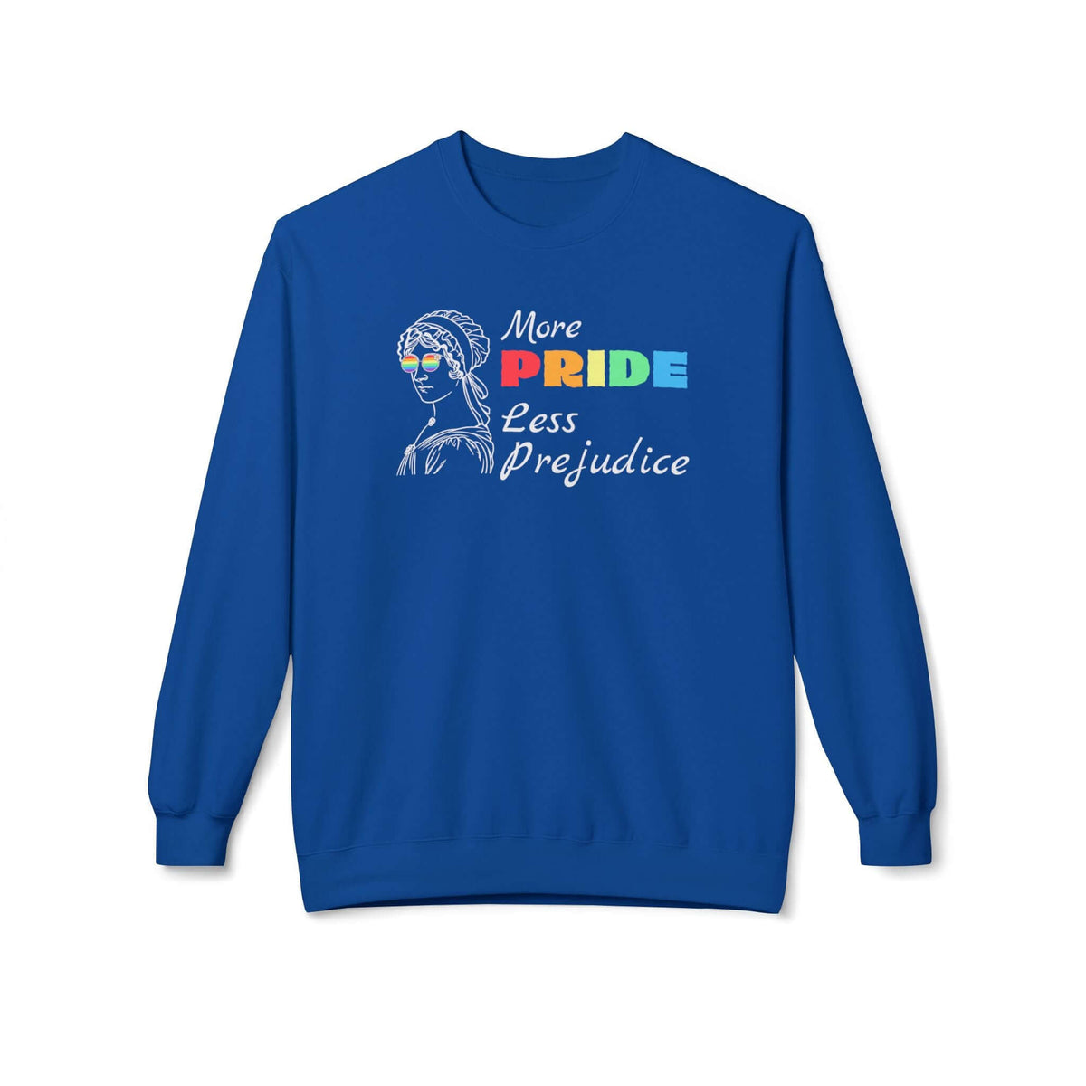 More Pride Less Prejudice sweatshirt in blue with vintage bust design and rainbow sunglasses.